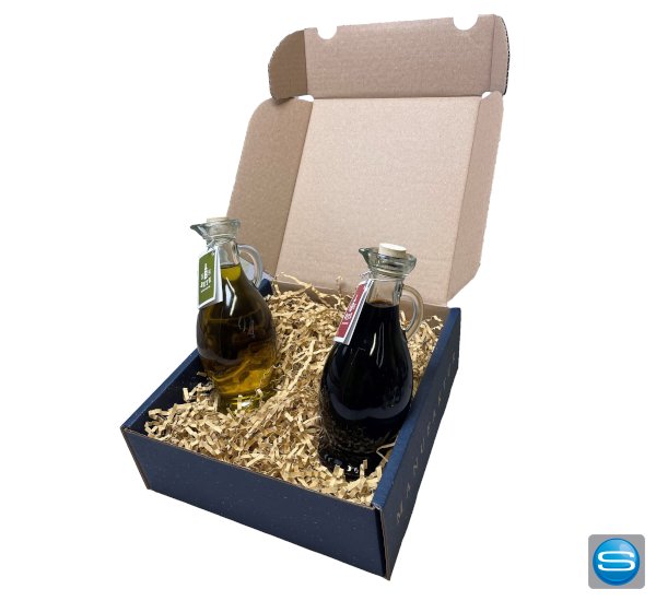 Präsent-Set Egizia mit Olivenöl und Balsamicoessig mit Ihrem Logo