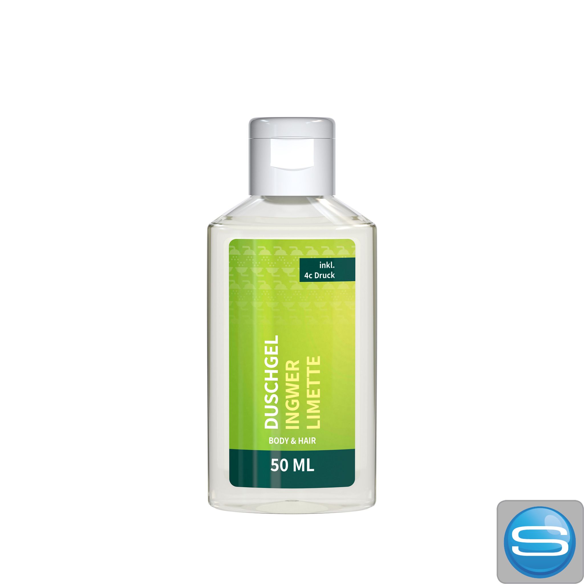 Duschgel Ingwer-Limette 50 ml R-PET Flasche mit Body Label als Werbeartikel