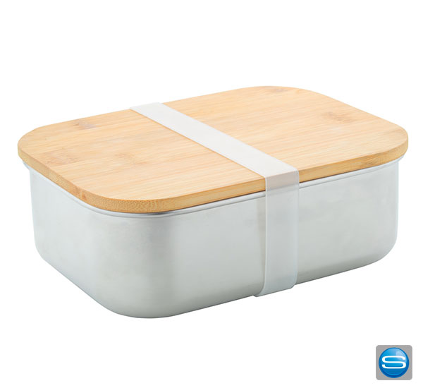 Lunchbox aus Edelstahl mit Deckel aus Bambus und Silikonband mit Logo