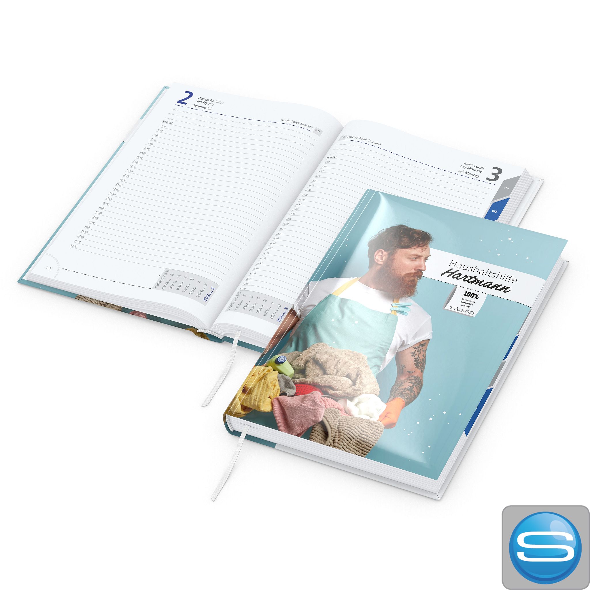 Tageskalender Manager Monatsregister DIN A5 mit komplett bedruckbarem Einband als Werbeartikel
