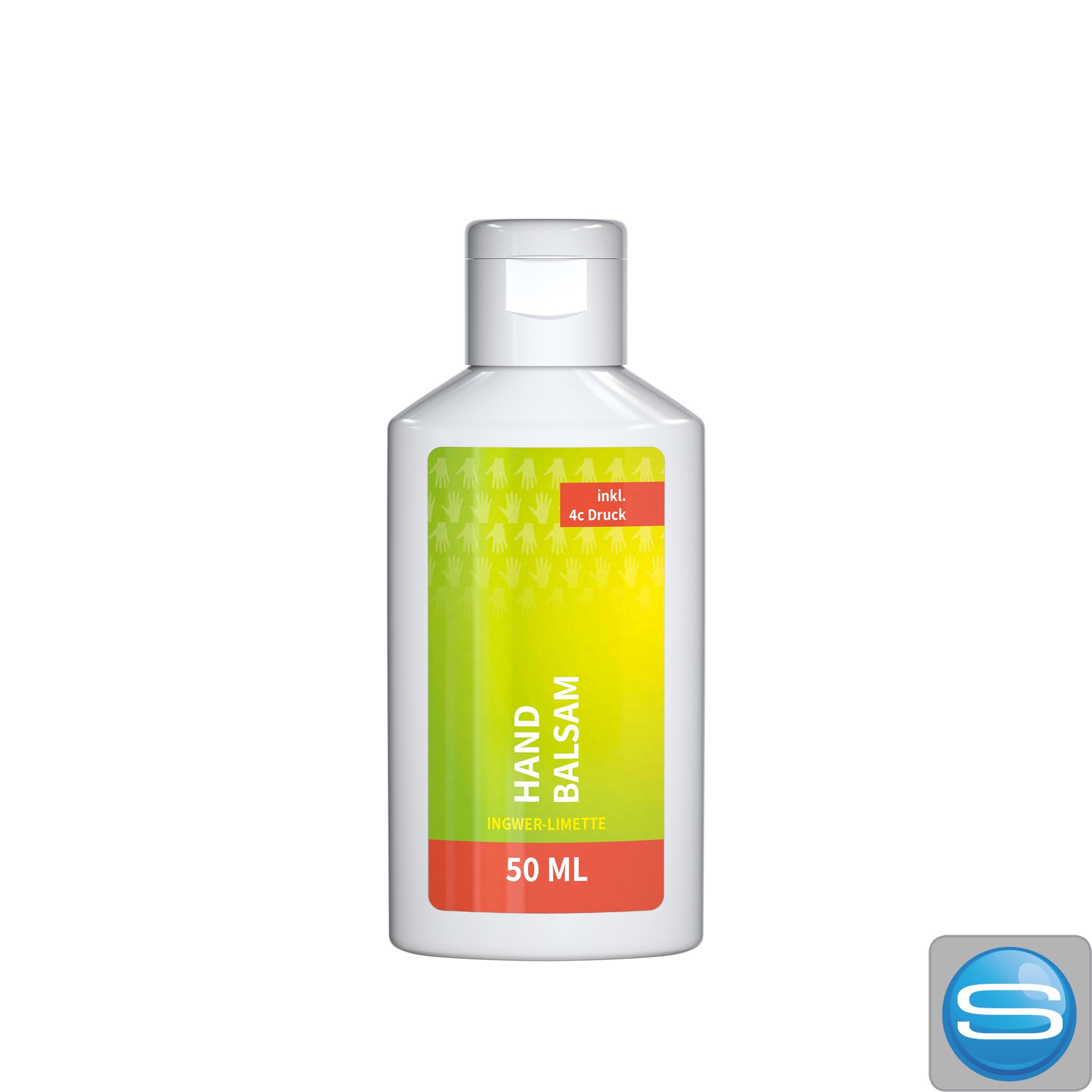 Handbalsam Ingwer-Limette Flasche aus R-PET mit eigenem Logo als Werbegeschenk