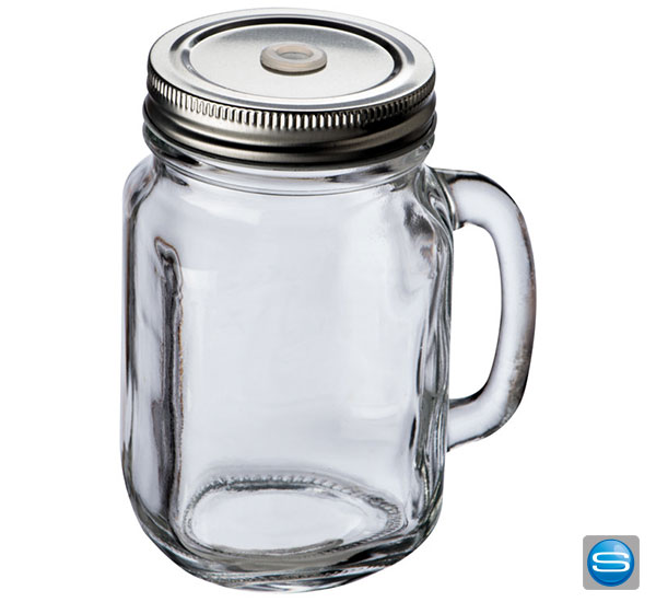 Mason Jar Glasbecher mit Metalldeckel als Werbeträger mit Logo gravieren