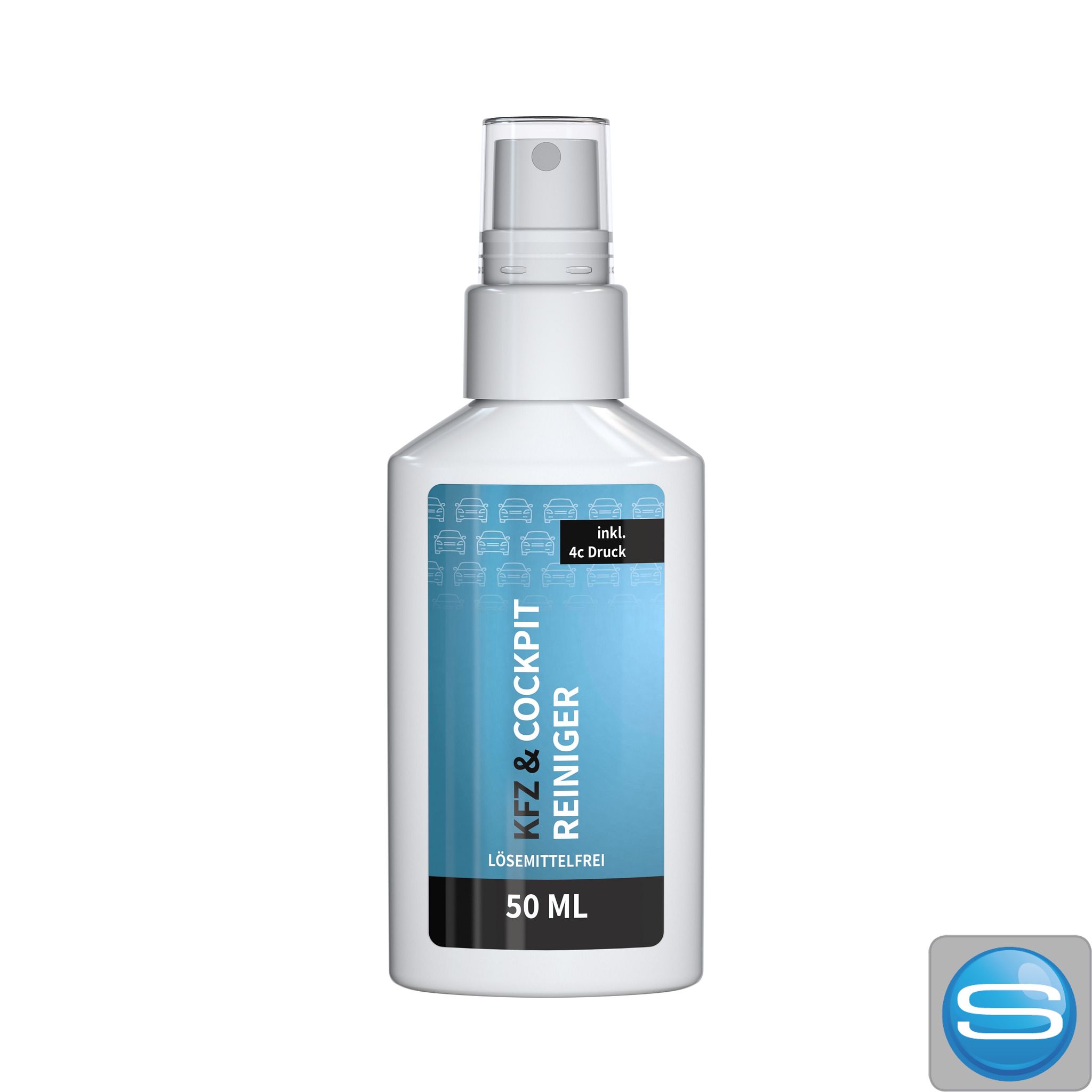 50 ml Kfz-Cockpit-Reiniger Spray aus R-PET mit 4c Body-Label als Werbeartikel
