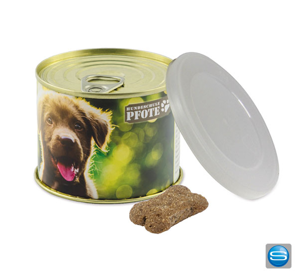 Leckerli-Konserve-als-Werbegeschenk-bedrucken Hunde Leckerli Konserve mit Ihrem Logo bedrucken