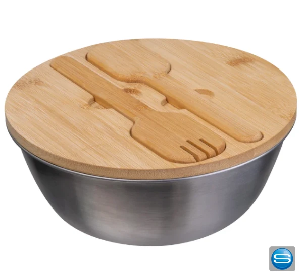 Edelstahl Salatschüssel mit Bambusdeckel, Salatbesteck und Gravur
