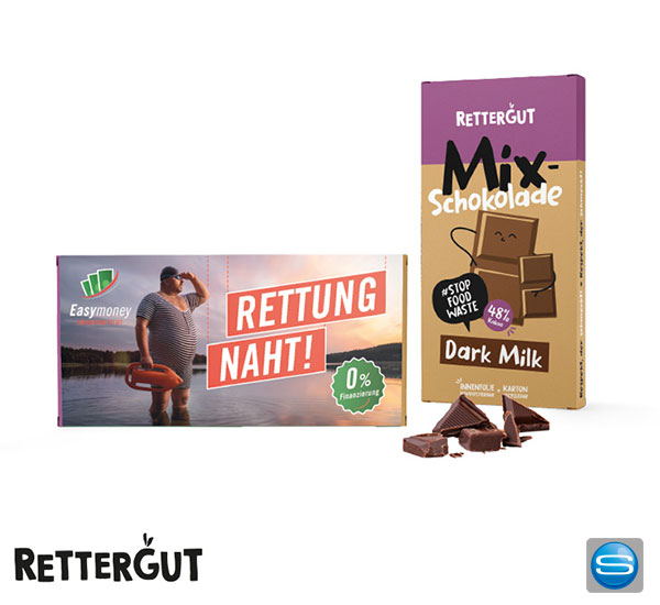 Rettergut Schokolade mit individuellem Werbeschuber  Rettergut Schokolade mit individuellem Werbeschuber