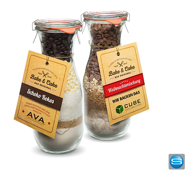 bake-cake-backmischung Bake & Cake Backmischungen im Glas mit individuellem Etikett