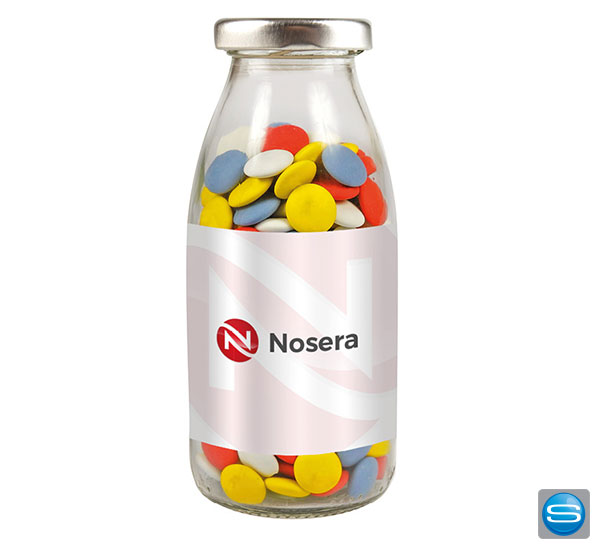 schokolinsen-flasche-mit-logo Bunte Schokolinsen in der Flasche mit eigenem Etikett
