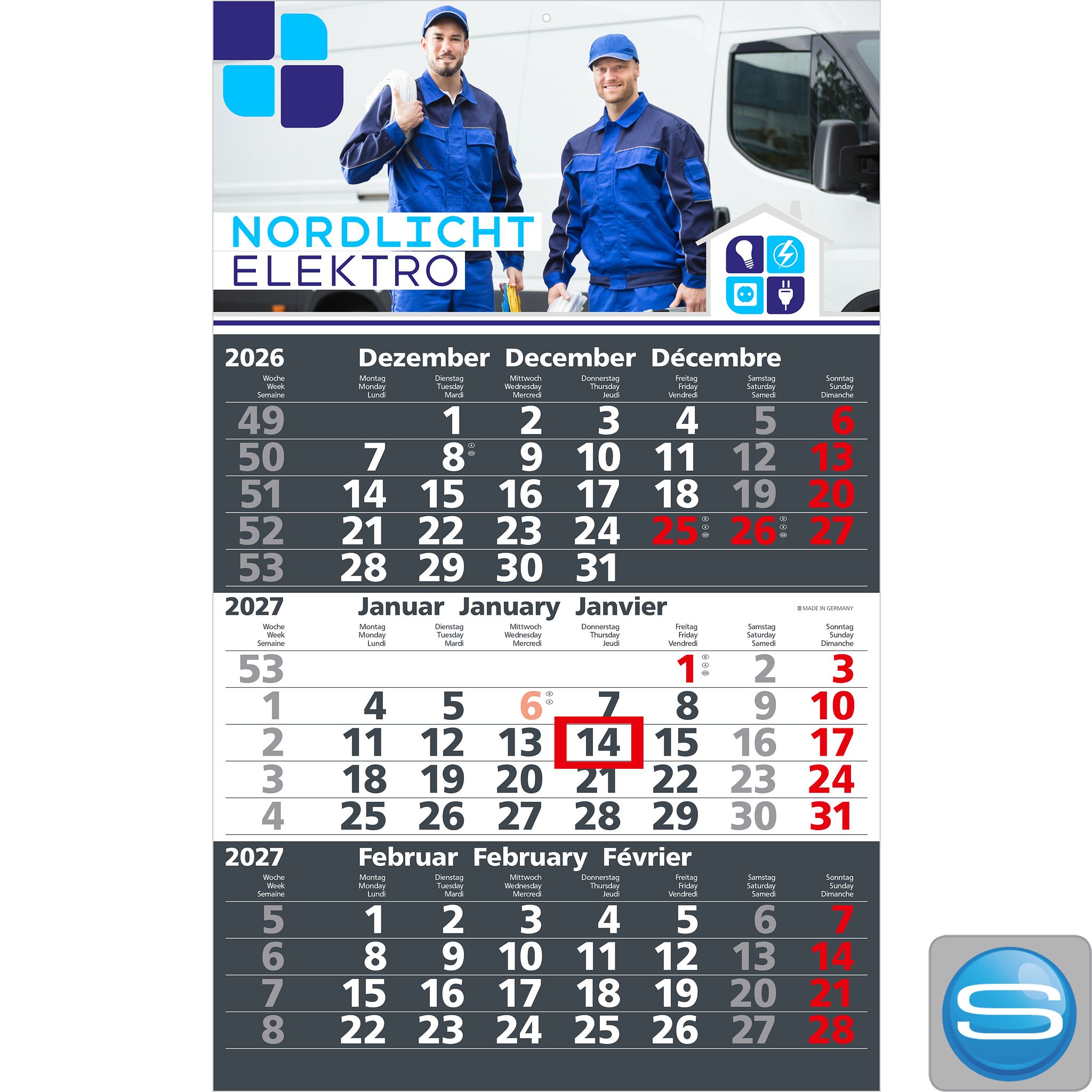 Einblatt-3-Monatskalender Solid 3 als Werbegeschenk mit Logodruck