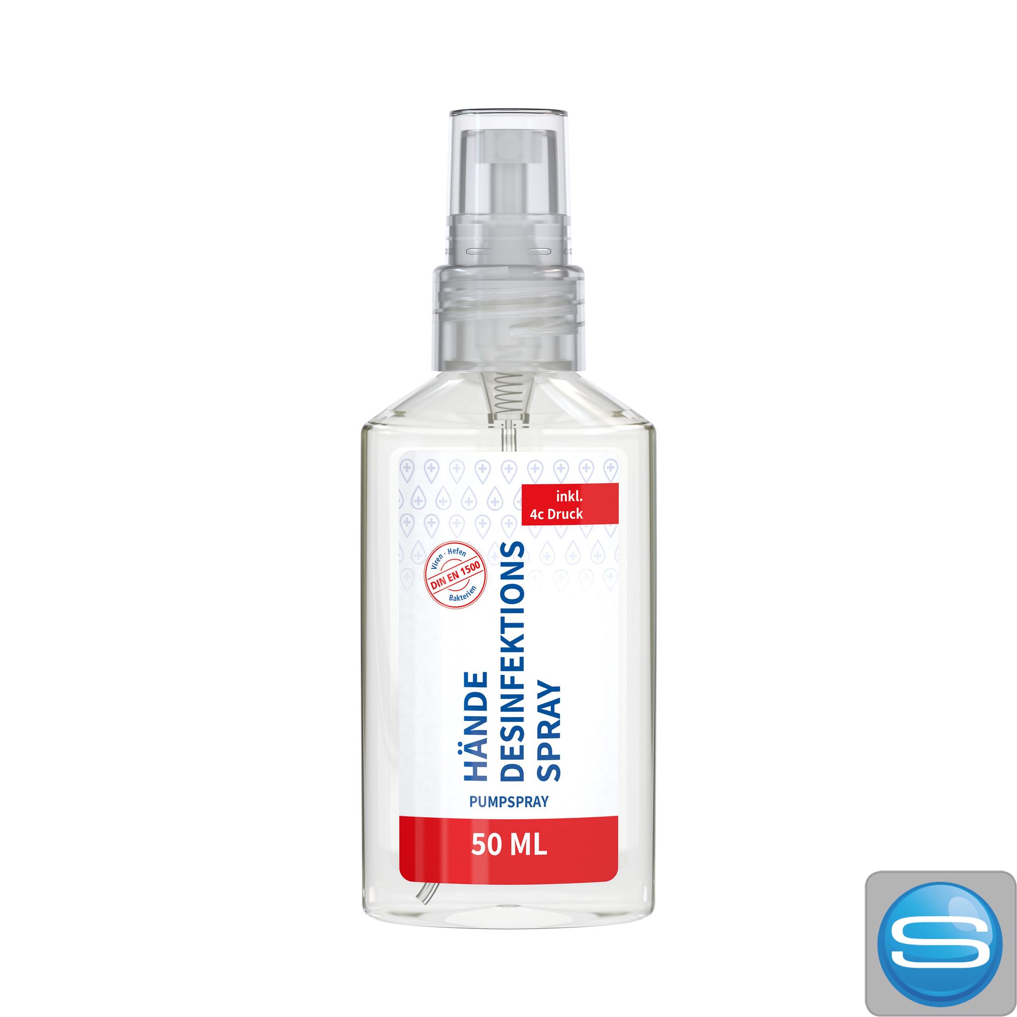 Hände-Desinfektionsspray 50 ml im Taschenformat mit eigenem Etikett als Werbeartikel