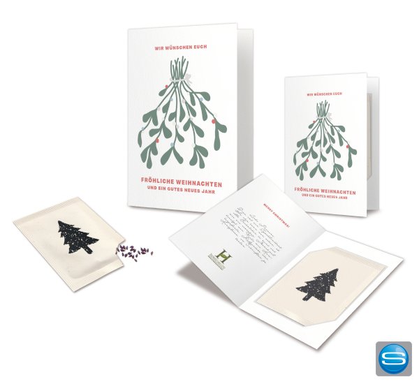 Weihnachtskarte mit einer Samentüte für den Weihnachtsbaum als Werbegeschenk