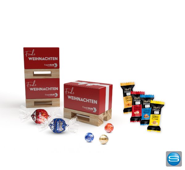 Geschenkbox mit Schokolade auf Mini Palette Klein als Werbegeschenk Geschenkbox mit Schokolade auf Mini Palette Klein als Werbegeschenk