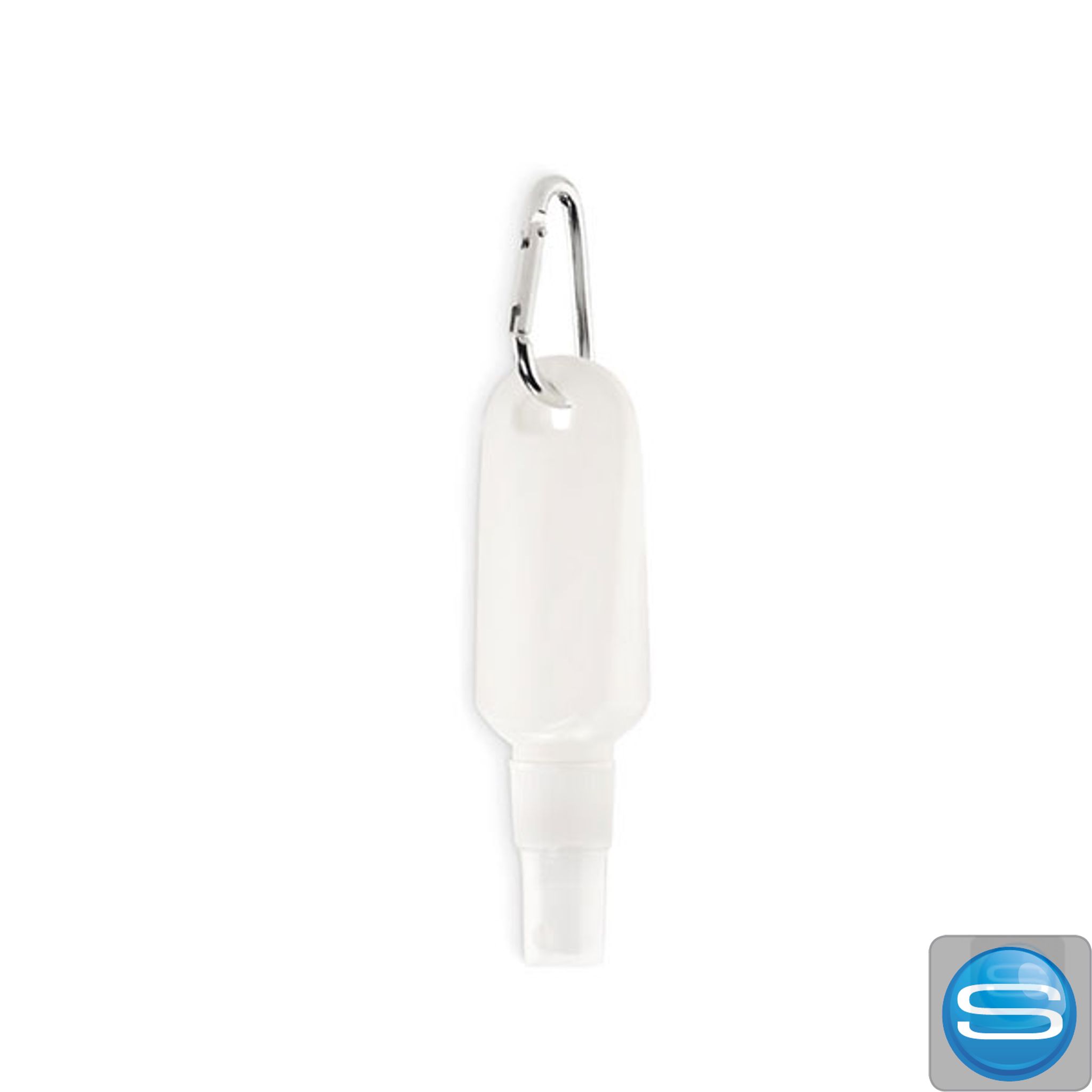 Sonnenschutz-Spray 30 ml mit Karabiner als bedruckbares Werbegeschenk