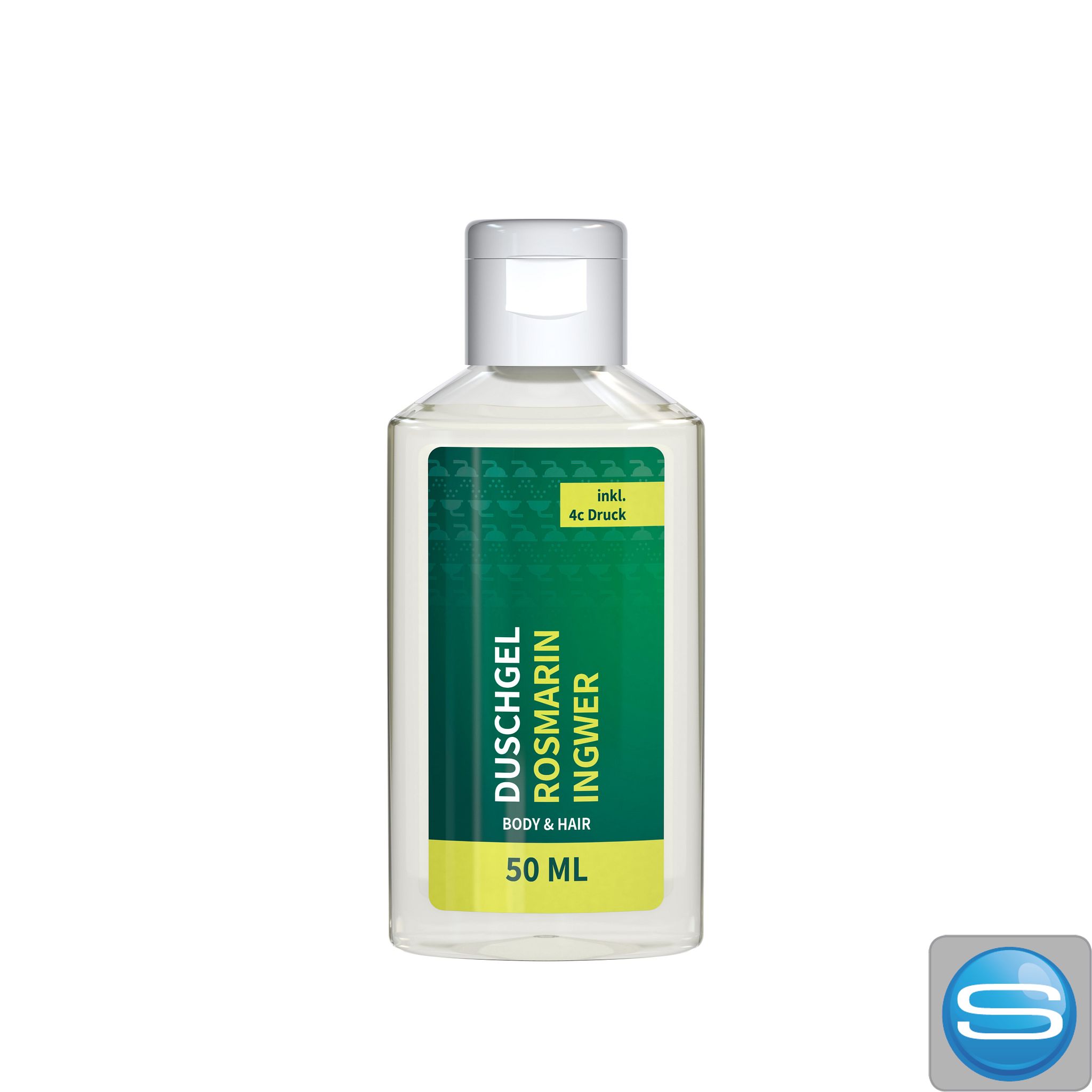 Duschgel Rosmarin-Ingwer 50 ml R-PET Flasche als Werbeartikel mit Logo