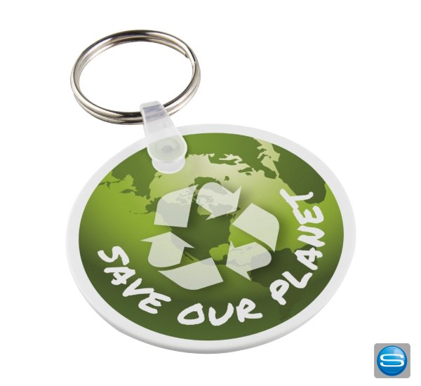 Kreisförmiger Schlüsselanhänger aus recyceltem Material bedrucken
