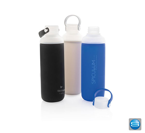 Wasserglasflasche mit Silikonschutz als Werbeartikel mit Logo bedrucken