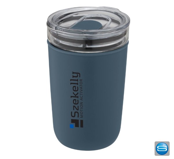 420ml Borosilikatglas Becher mit Gehäuse aus recyceltem Kunststoff als Werbeartikel