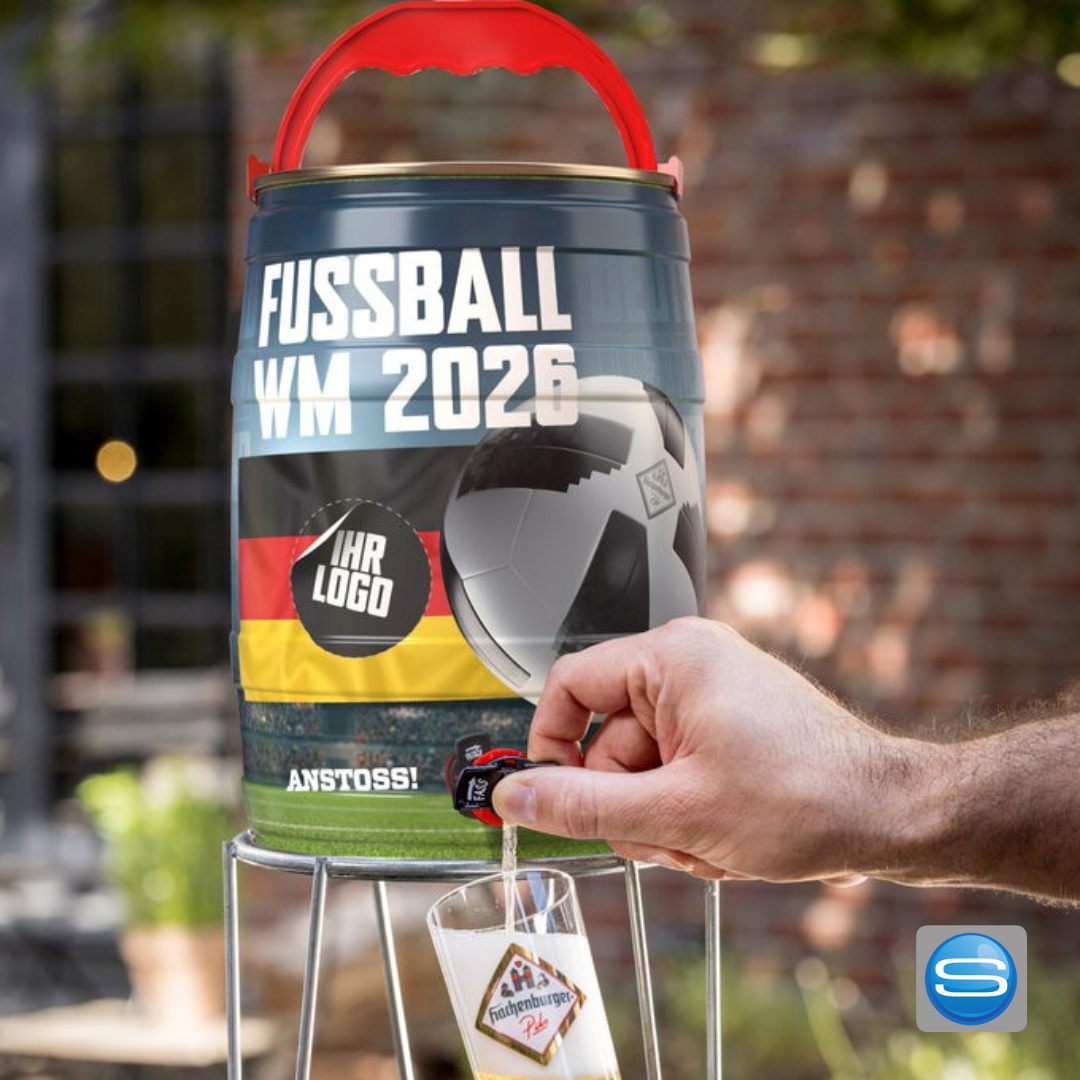Bierfass 5l im Fußball-WM Design mit Ihrem Logo 
