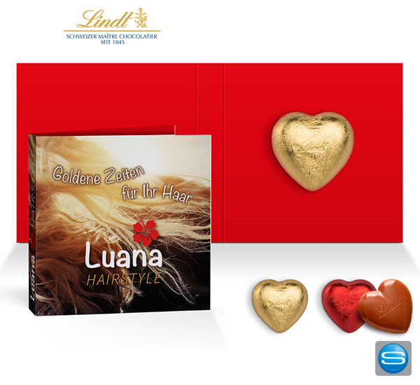 Werbekarte mit Lindt Schokoherz als Streuartikel