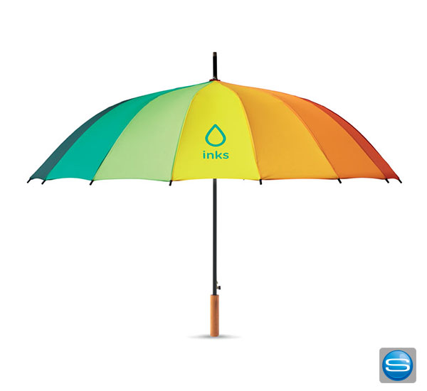 Regenschirm in Regenbogenfarben als Werbeartikel