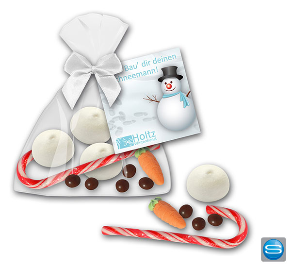 schneemann-im-beutel-mit-logo Süßes Schneemannset zum Naschen- mit Ihrem Logo bedruckt