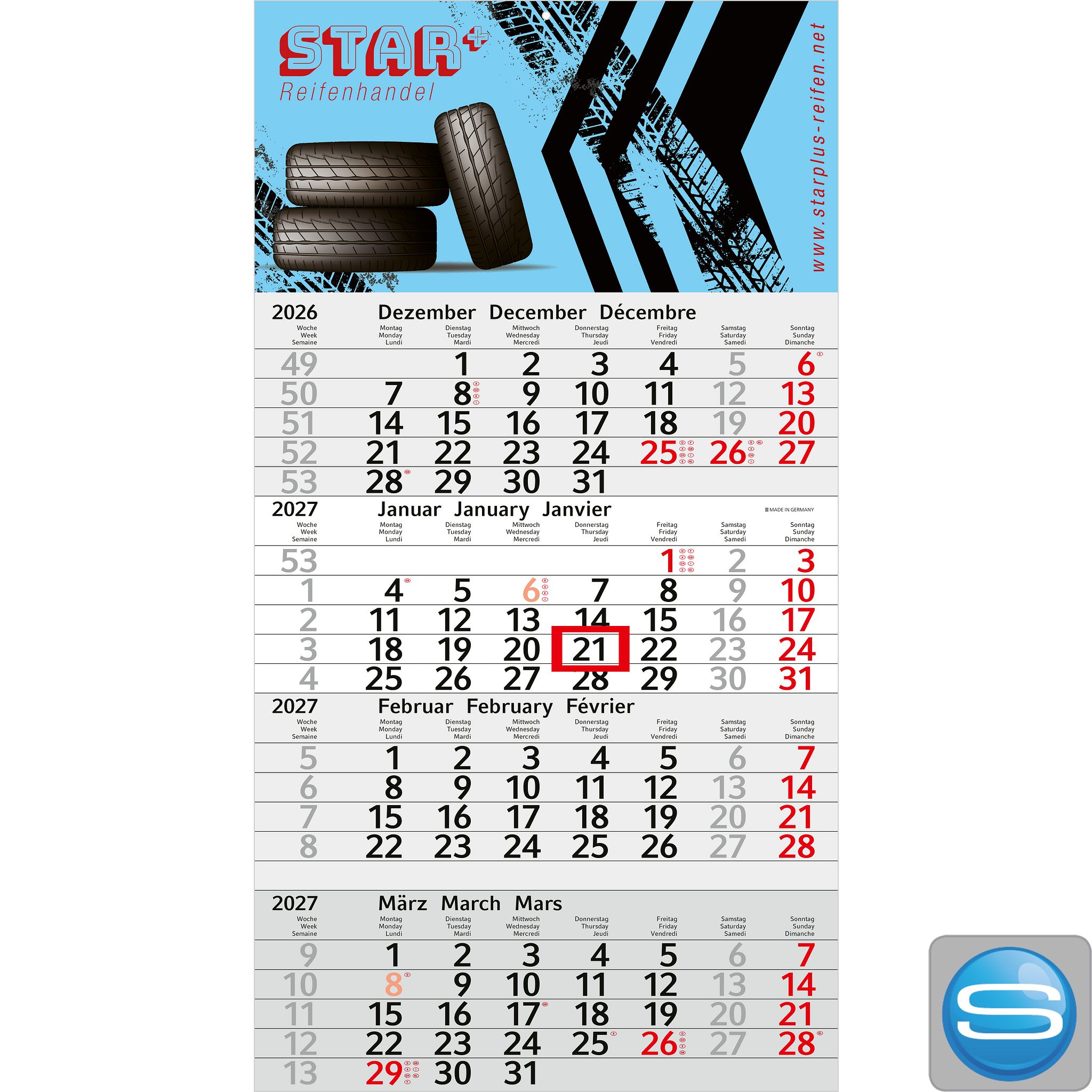4-Monatskalender Einblatt mit Logodruck