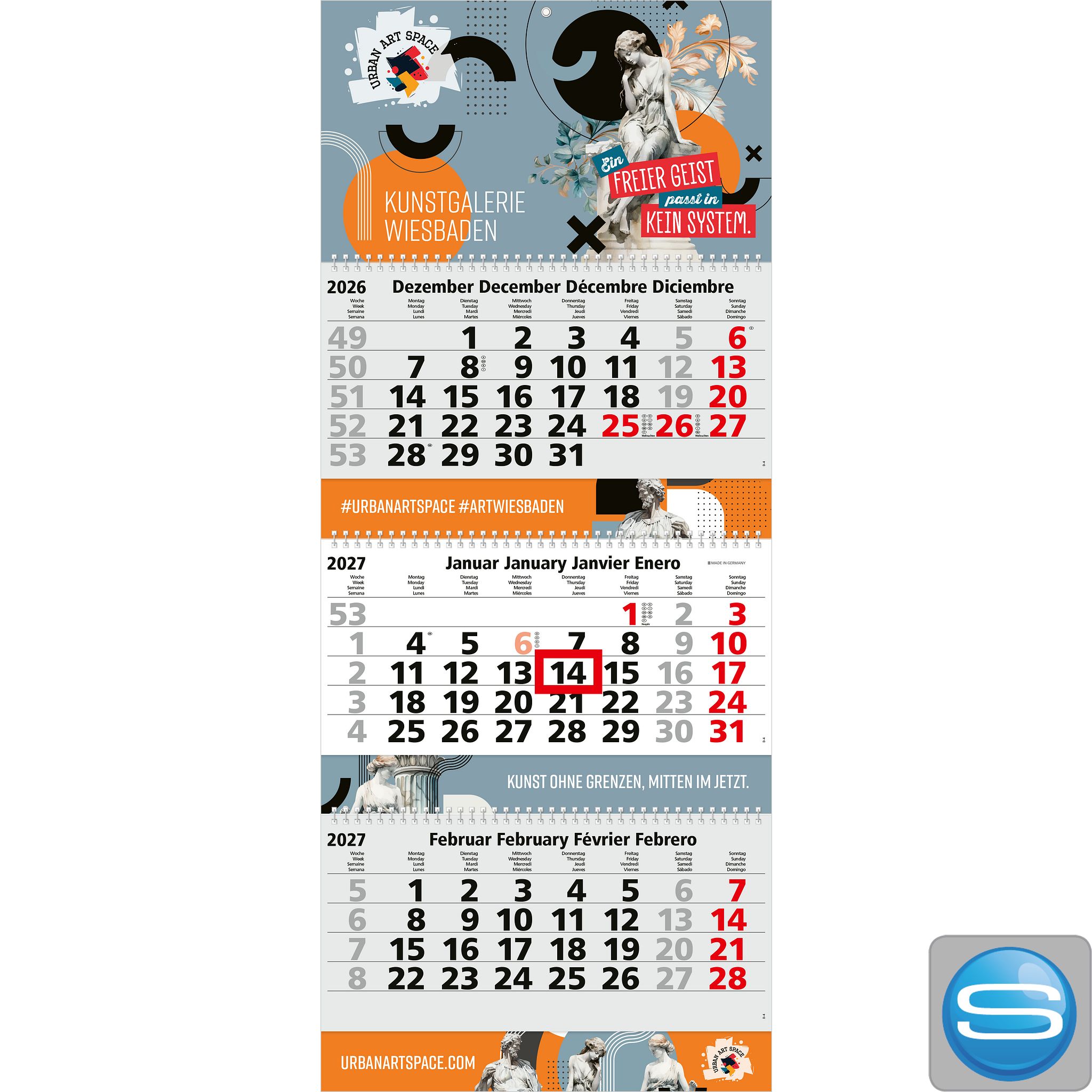 3-Monatskalender Maxi Wire-O mit individuellem Logodruck