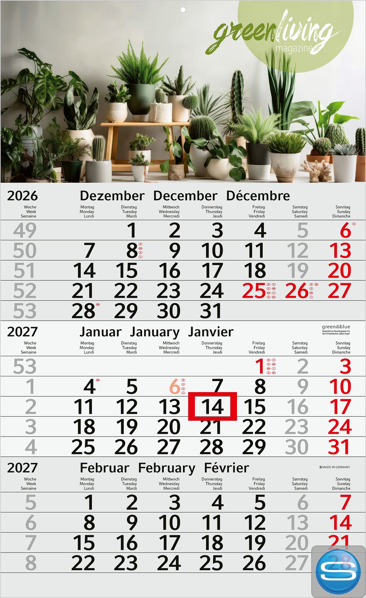 3-Monatskalender Einblatt aus Recyclingpapier mit Logo
