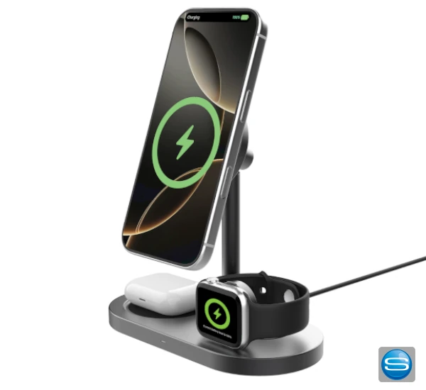 3-in-1 Wireless Tischladegerät 25W mit Logodruck als Werbeartikel