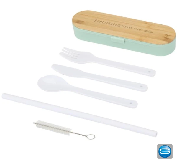 Besteckset mit Bambusdeckel und Logo als nachhaltiger Werbeartikel