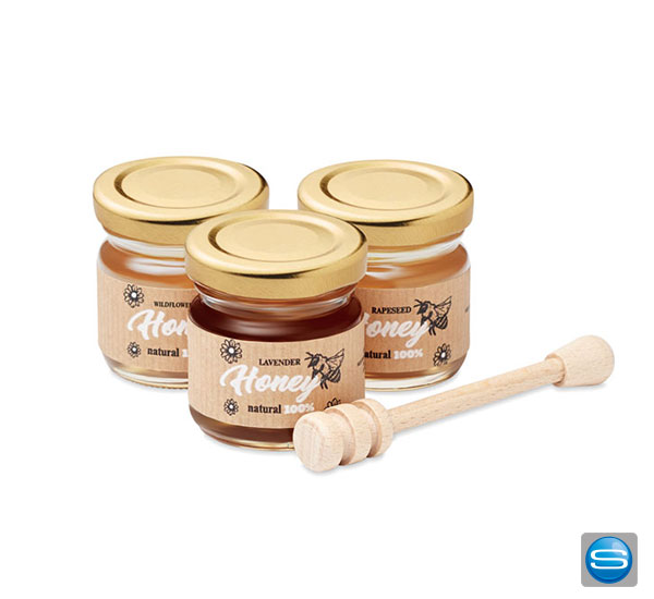 honigket-mit-logo Set mit 3 unterschiedlichen Honigsorten im Glas als Give Away