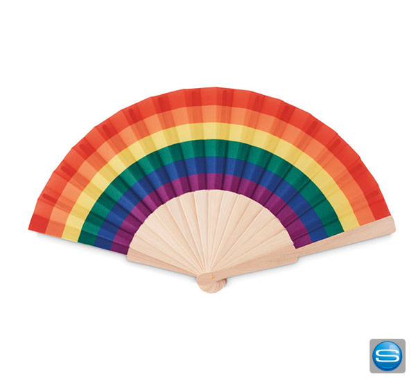 Fächer in Regenbogenfarben als Give Away mit Logo
