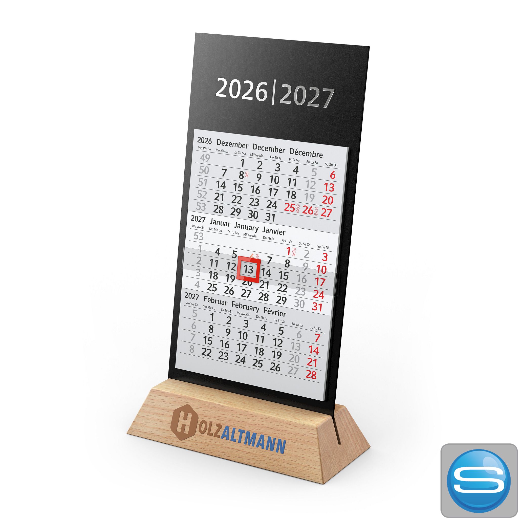 Tischkalender Desktop Wood 3 als nachhaltiges Werbegeschenk mit Logodruck