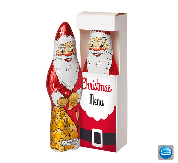 Schokoladen Weihnachtsmann in der Box als Werbegeschenk