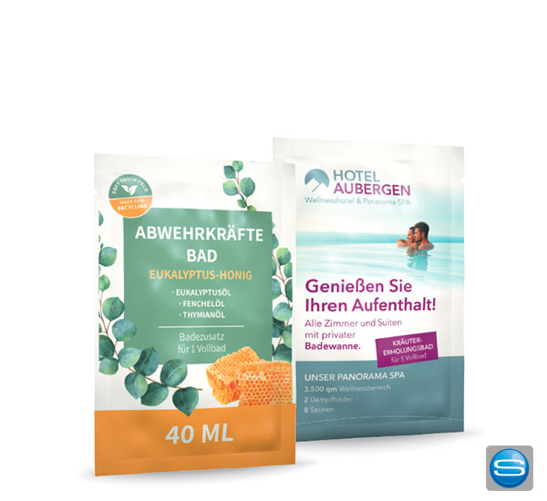 Badezusatz im 40ml Sachet mit Ihrem Logo bedrucken Badezusatz im 40ml Sachet mit Ihrem Logo bedrucken