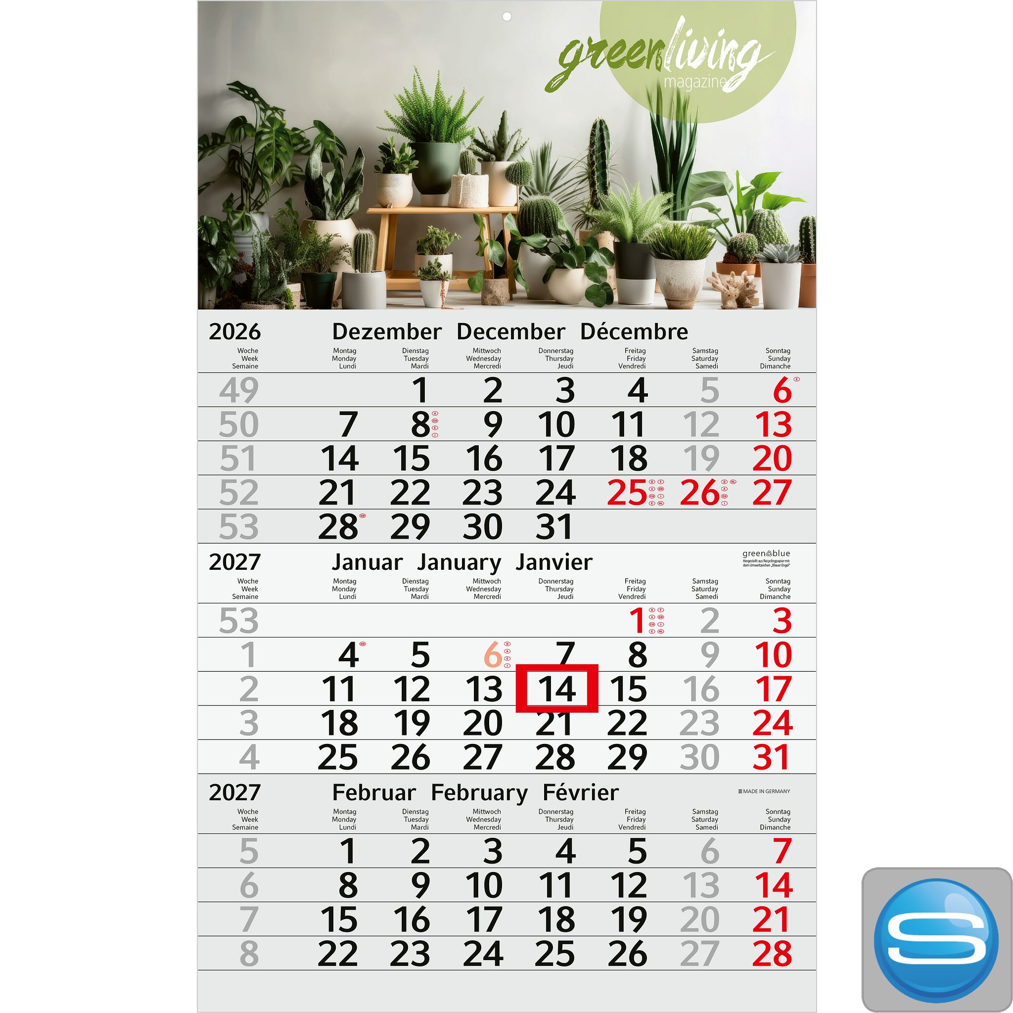 3-Monatskalender aus Recyclingpapier als nachhaltiges Werbegeschenk mit Logodruck