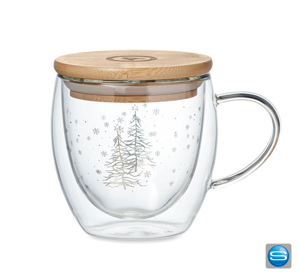 glas-mit-logodrucky9xkxMZTcxuZD Bedruckbarer Becher mit Weihnachtsbaum-Dekor als Werbegeschenk