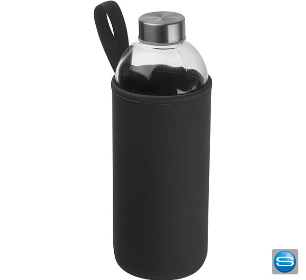 glastrinkflasche-als-werbetraeger-bedrucken-mit-silikonband-schwarz Glasflasche mit farbiger Neoprenhülle als Give Away mit Logo bedrucken