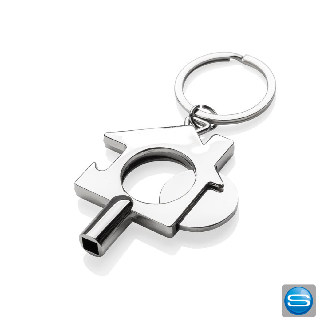 3in1 Schlüsselring mit Kapselheber, Einkaufswagenchip und Heizungsentlüfter in Hausform mit Logo