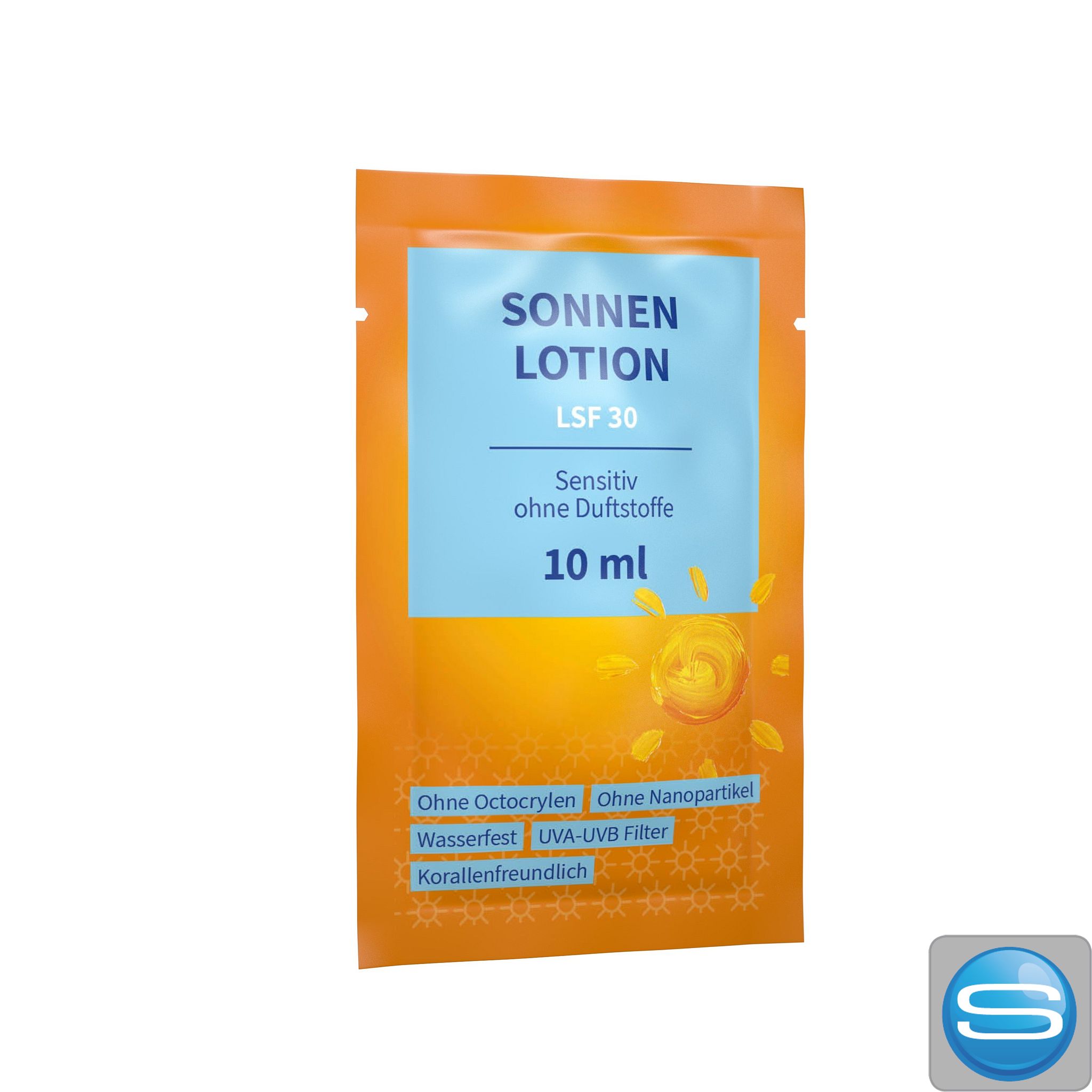 Sonnenmilch Sachet LSF 30 sensitiv – 10 ml Werbeartikel mit eigenem Logo bedruckt
