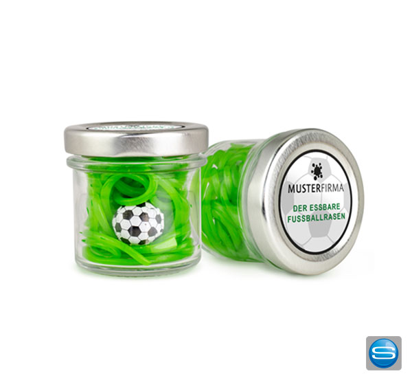 fruchtgummirasen-mit-logo Grüner Fruchtgummirasen im Glas mit Ihrem Firmenlogo bedruckbar