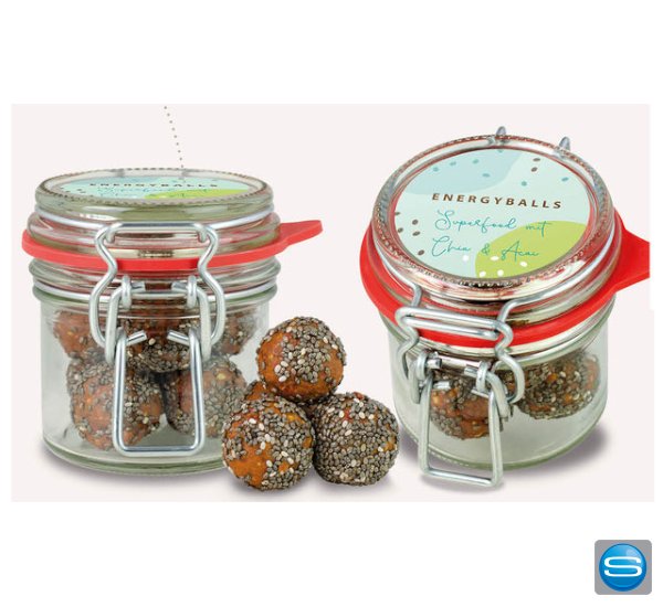 Bügelglas mit Energy Balls als Werbeartikel Bügelglas mit Energy Balls als Werbeartikel
