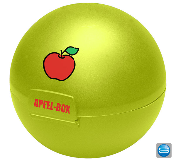 Bedruckte Vorratsdose für Äpfel und Orangen als Werbegeschenk