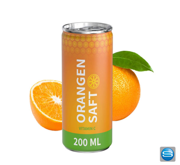 Orangensaft mit Logodruck in der Werbedose