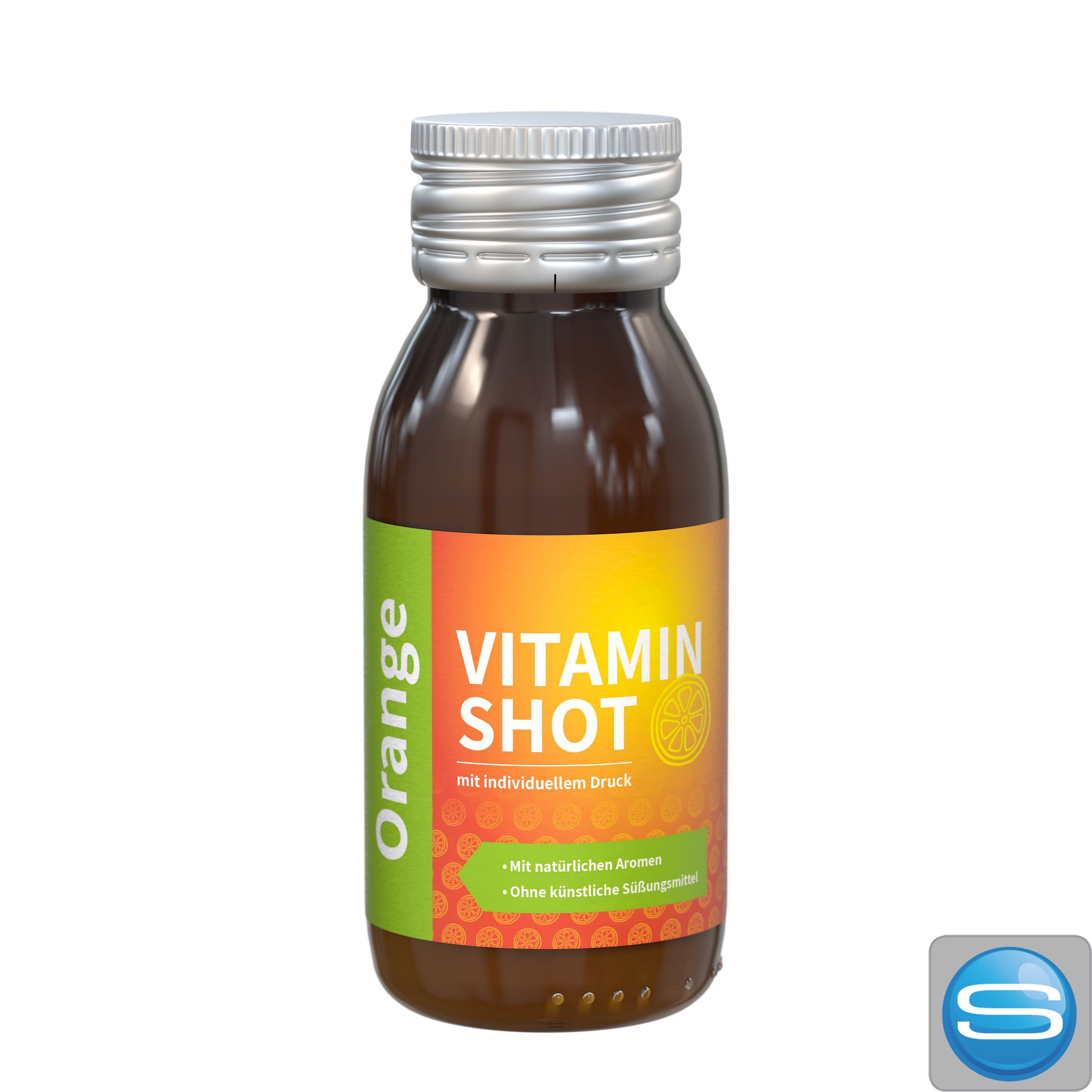 Vitamin-Shot Orange 60 ml – Werbeartikel mit individuellem Logodruck auf dem Etikett