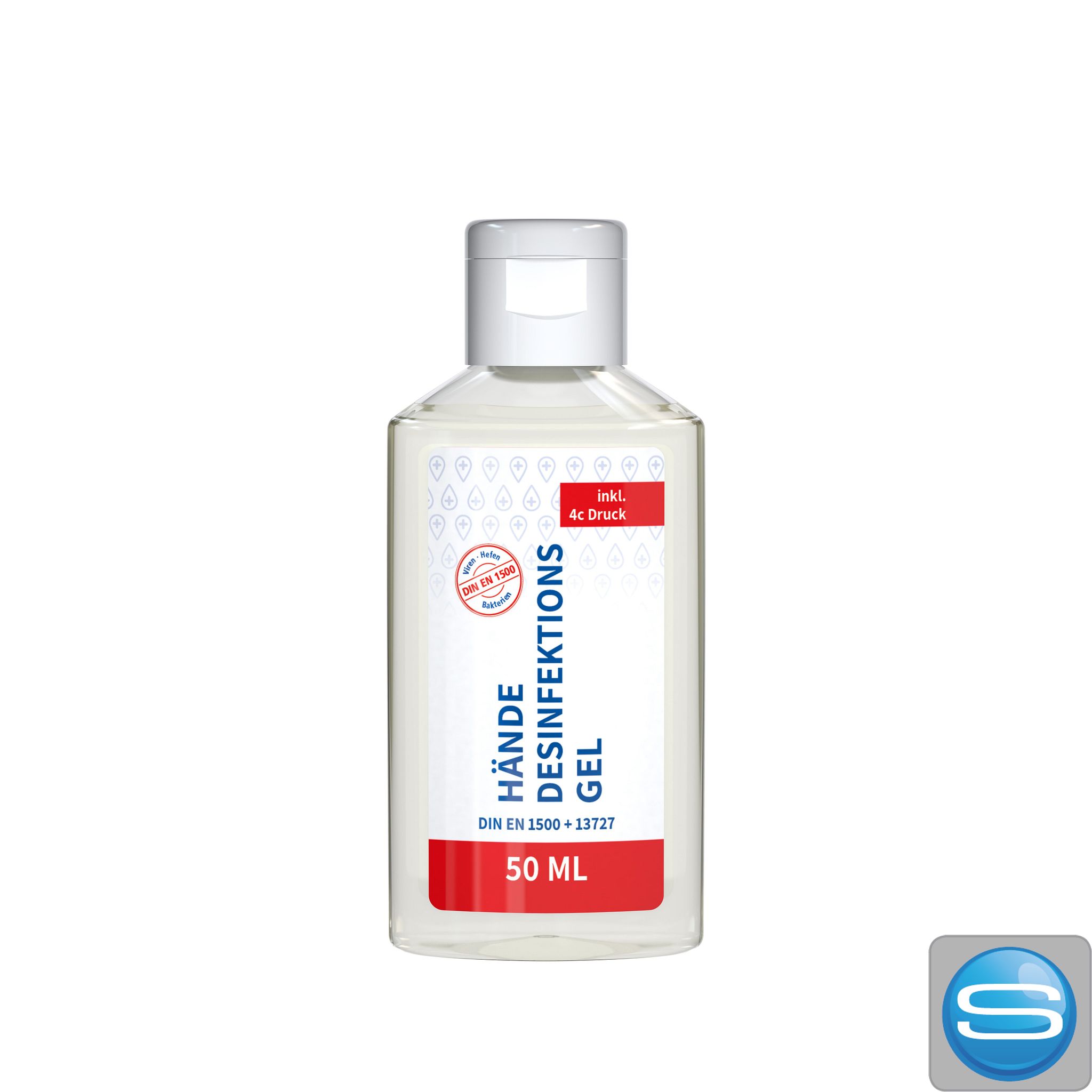 Hände-Desinfektionsgel 50 ml Flasche (R-PET) mit Body Label – nachhaltig und Made in Germany