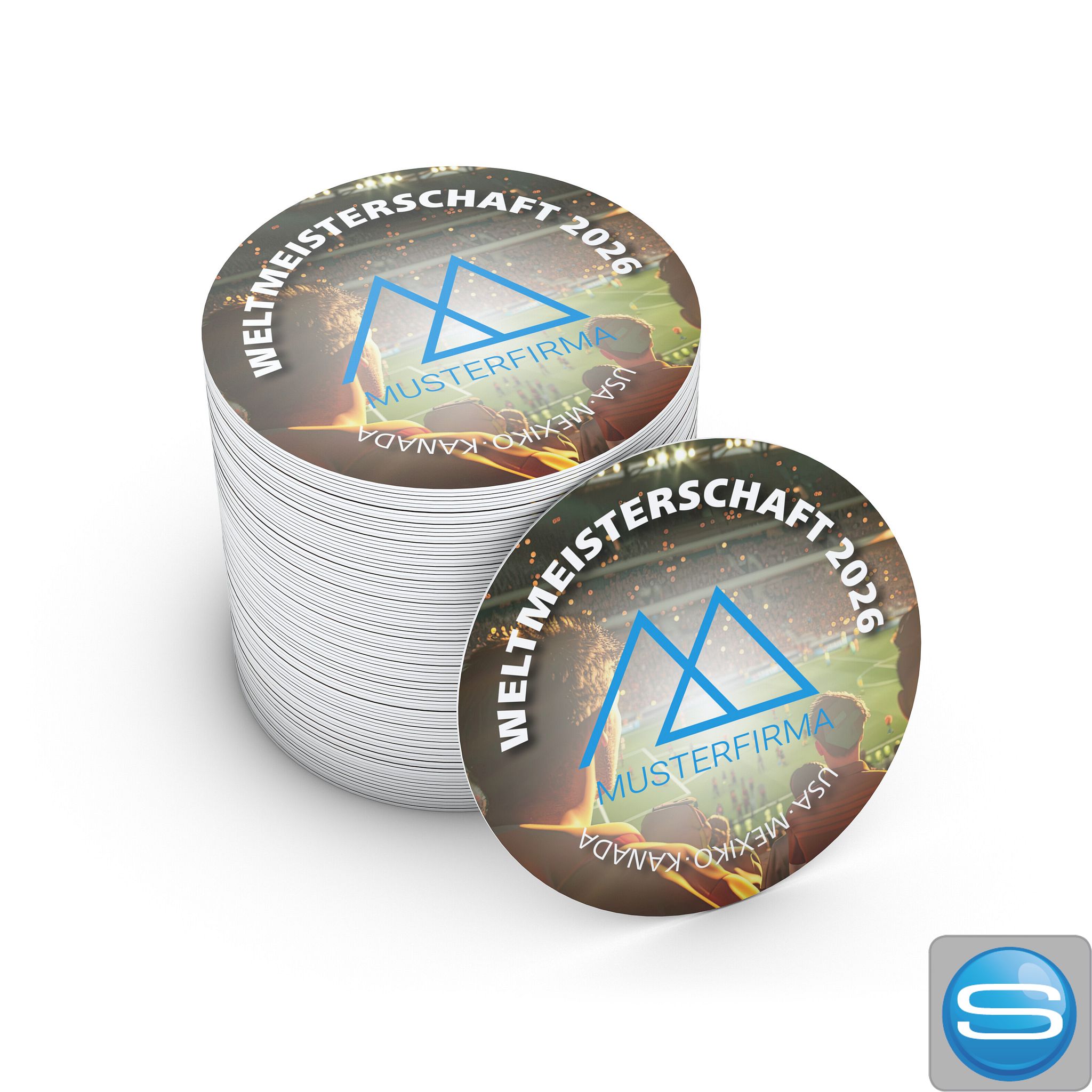 Runder WM-Bierdeckel aus Holzschliffpappe mit 4C-Druck