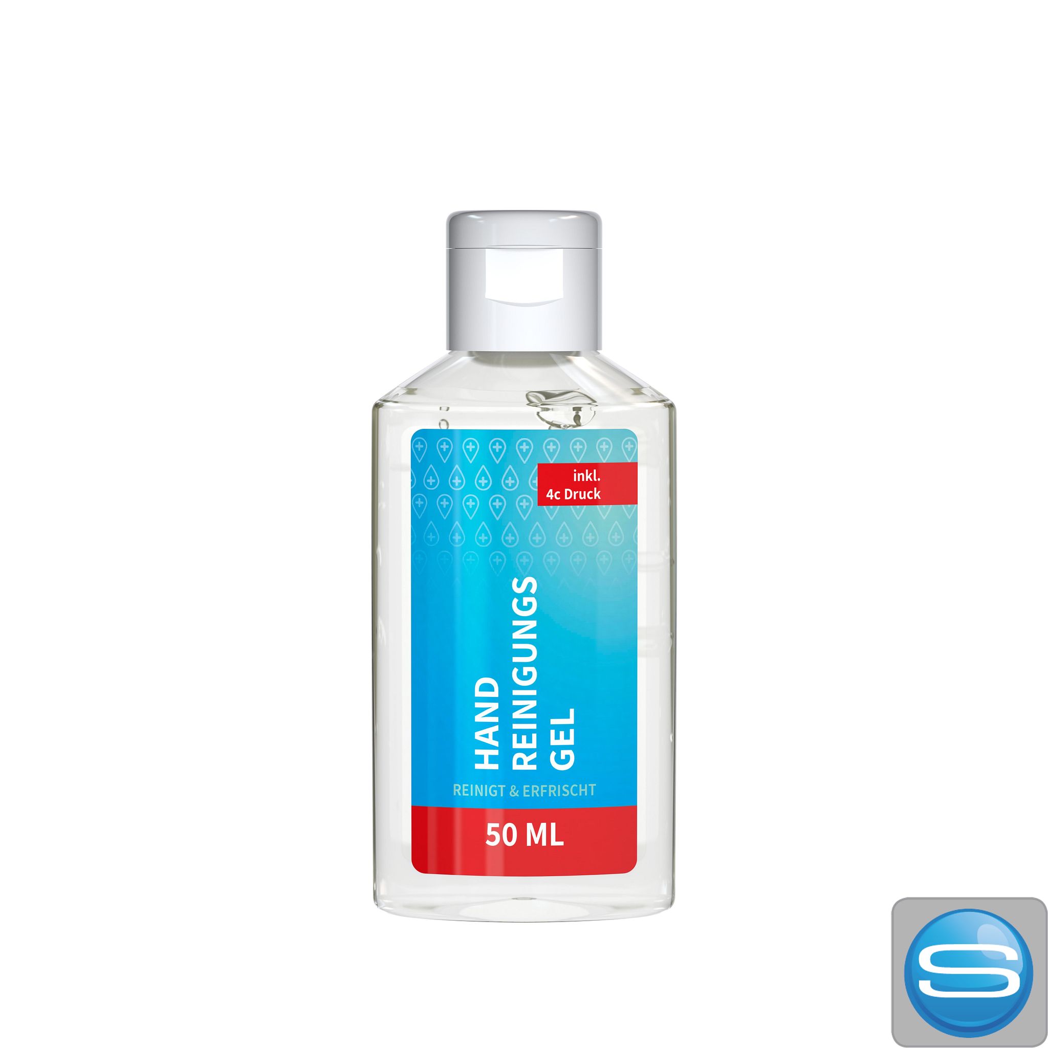 Handreinigungsgel Flasche 50 ml aus recyceltem PET als Werbeartikel mit Logodruck