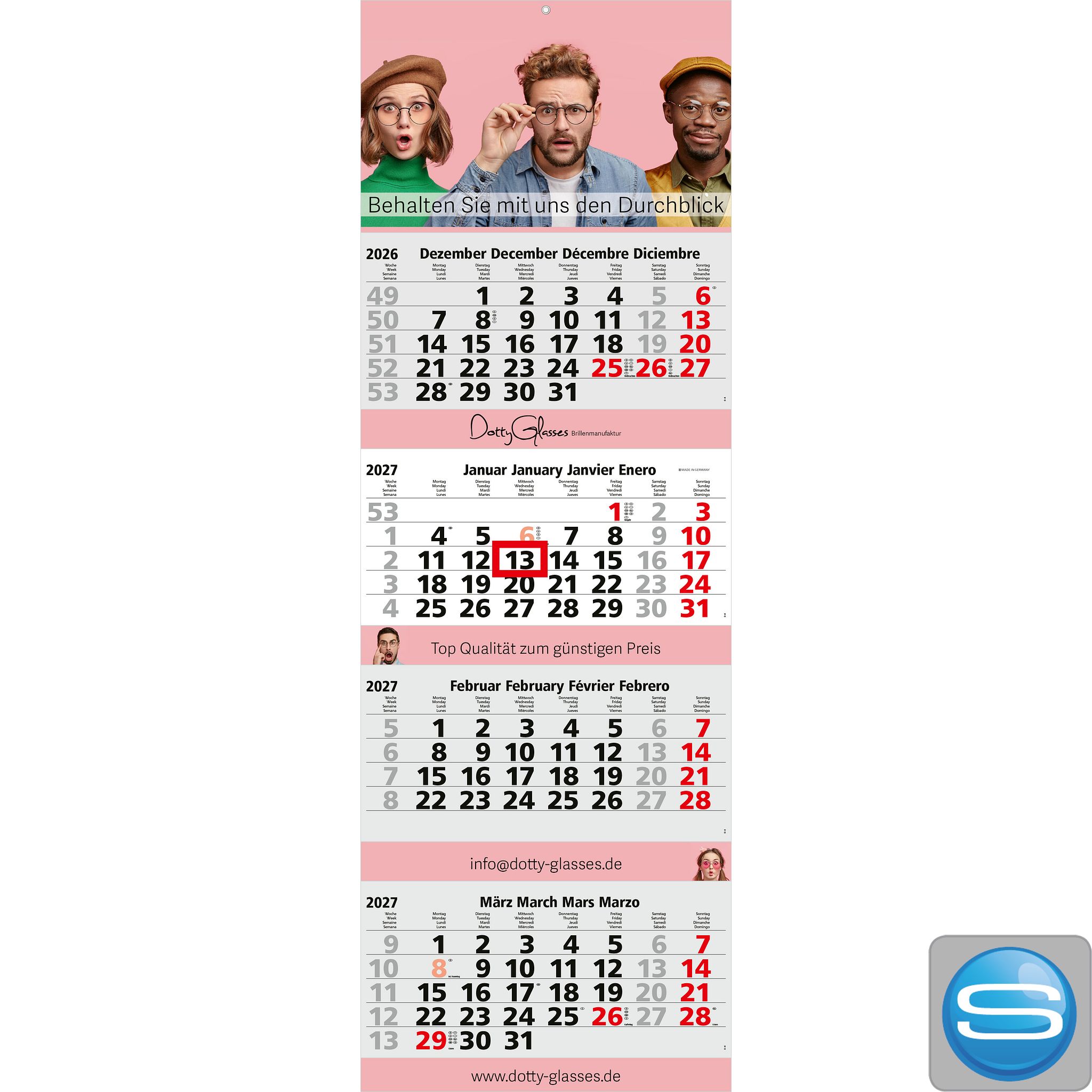 4-Monatskalender Quadro 4 Post mit Logodruck
