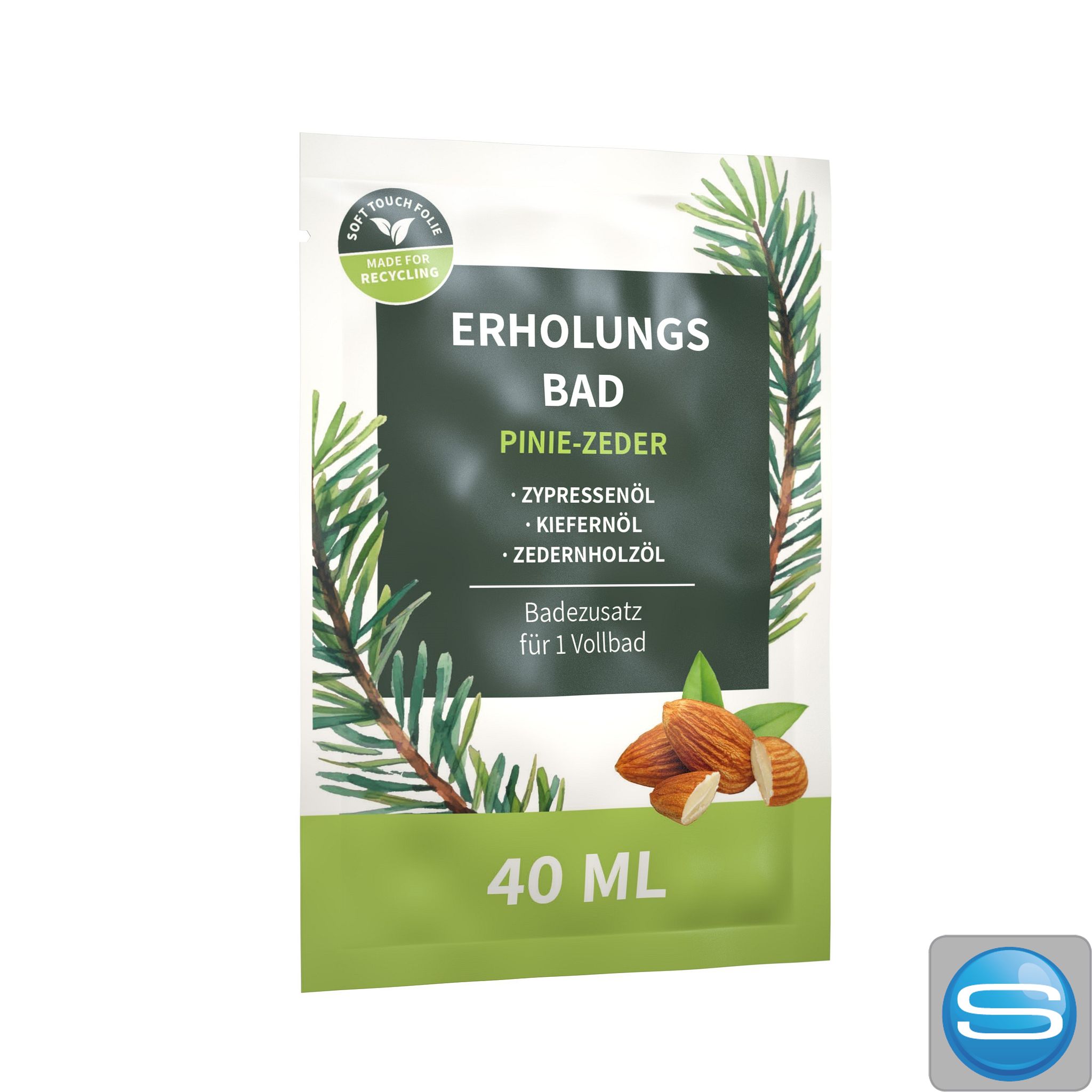 Erholungsbad-Sachet 40 ml bedruckt – nachhaltiger Werbeartikel mit Pinienöl